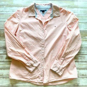 Tommy Hilfiger Dainty Gingham Pink White Fitted Button down Dress Shirt Size L